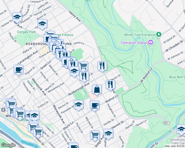 map of restaurants, bars, coffee shops, grocery stores, and more near 5928 Houghton Street in Philadelphia