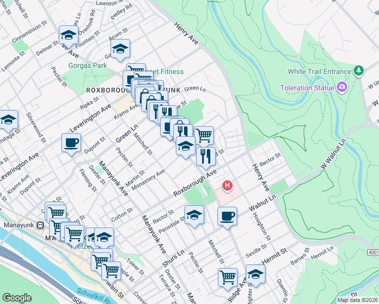 map of restaurants, bars, coffee shops, grocery stores, and more near 6001 Ridge Avenue in Philadelphia