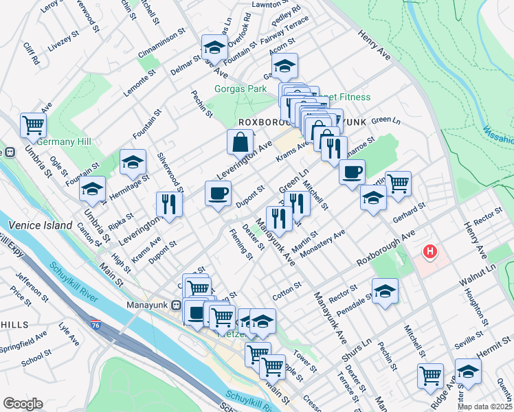 map of restaurants, bars, coffee shops, grocery stores, and more near 386 Dupont Street in Philadelphia