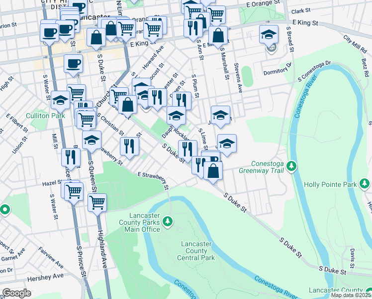 map of restaurants, bars, coffee shops, grocery stores, and more near 710 Rockland Street in Lancaster