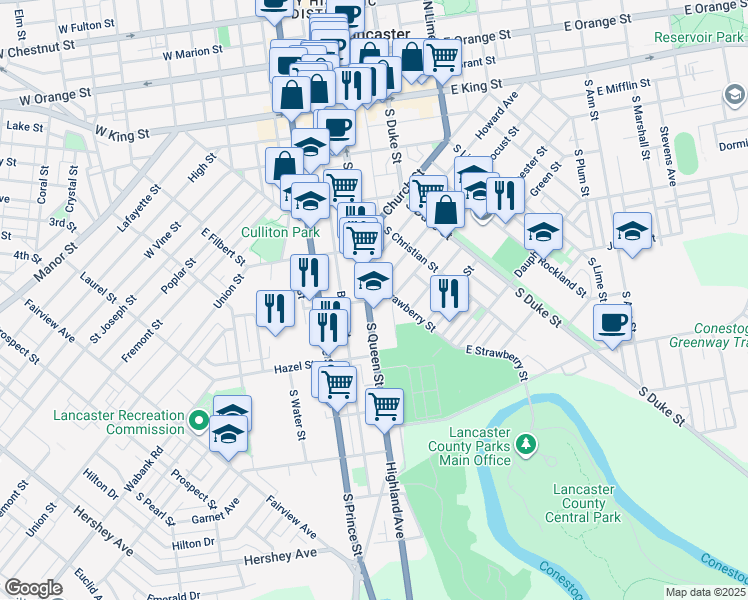 map of restaurants, bars, coffee shops, grocery stores, and more near 433 East Strawberry Street in Lancaster