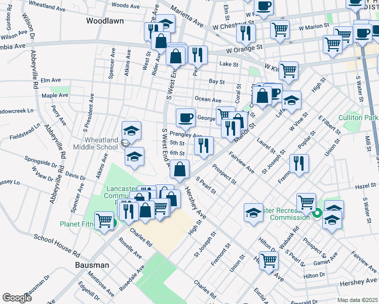 map of restaurants, bars, coffee shops, grocery stores, and more near 517 Pearl Street in Lancaster