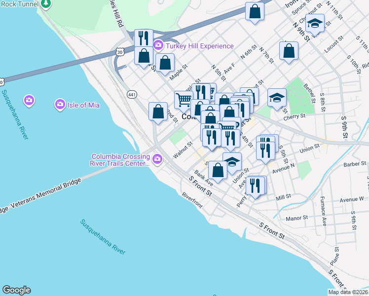map of restaurants, bars, coffee shops, grocery stores, and more near 147 Walnut Street in Columbia
