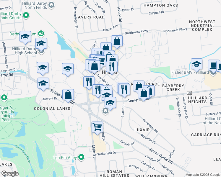 map of restaurants, bars, coffee shops, grocery stores, and more near 5301 Franklin Street in Hilliard