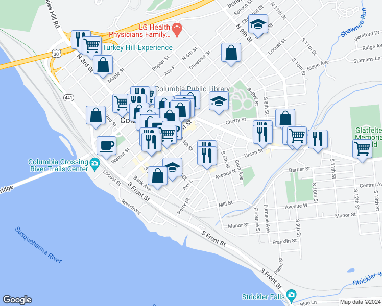 map of restaurants, bars, coffee shops, grocery stores, and more near 110 South 4th Street in Columbia