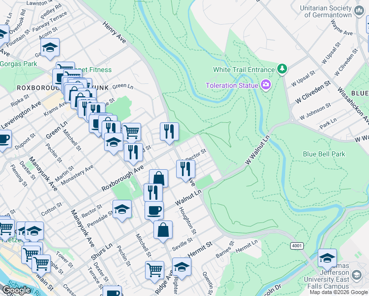 map of restaurants, bars, coffee shops, grocery stores, and more near 651 Roxborough Avenue in Philadelphia