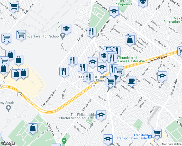 map of restaurants, bars, coffee shops, grocery stores, and more near 5649 Loretto Avenue in Philadelphia