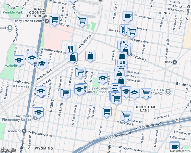 map of restaurants, bars, coffee shops, grocery stores, and more near 745 West Wellens Street in Philadelphia