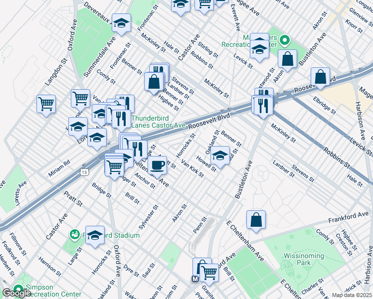 map of restaurants, bars, coffee shops, grocery stores, and more near 5931 Horrocks Street in Philadelphia