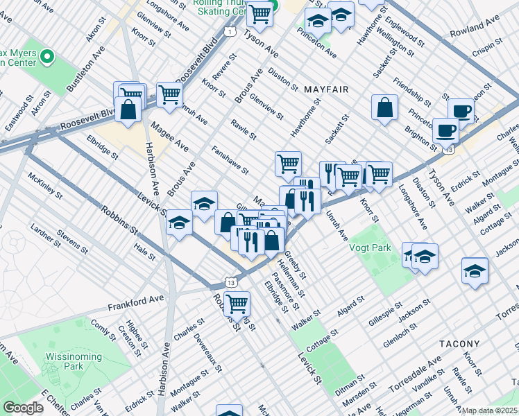 map of restaurants, bars, coffee shops, grocery stores, and more near 3128 Magee Avenue in Philadelphia