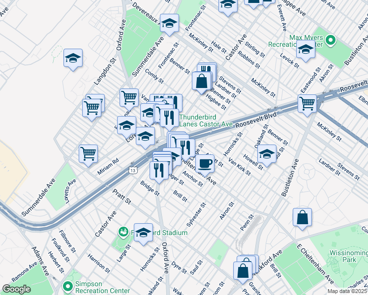 map of restaurants, bars, coffee shops, grocery stores, and more near 5835 Roosevelt Boulevard in Philadelphia