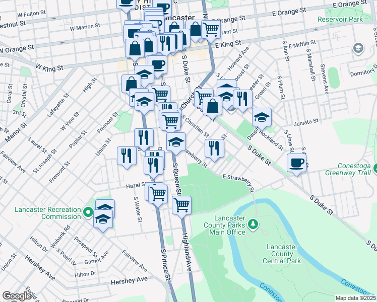 map of restaurants, bars, coffee shops, grocery stores, and more near 559 North Street in Lancaster