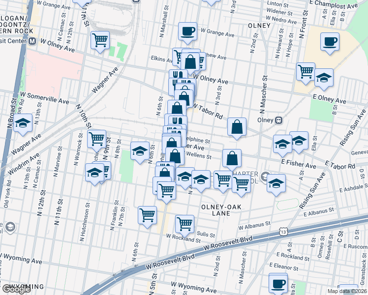 map of restaurants, bars, coffee shops, grocery stores, and more near 431 West Fisher Avenue in Philadelphia