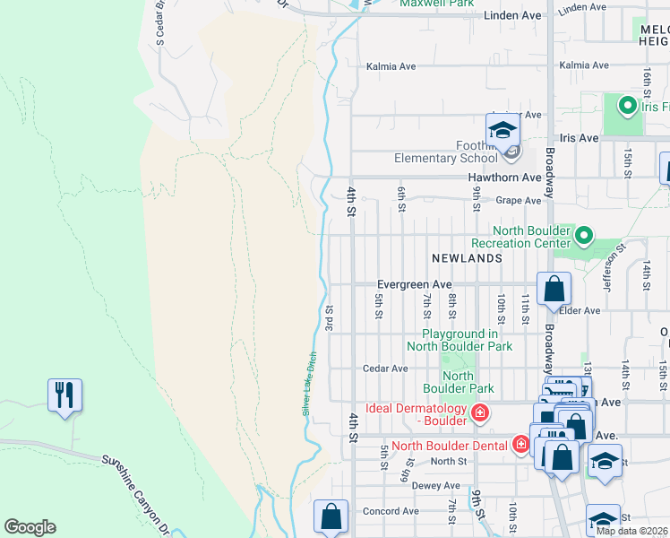 map of restaurants, bars, coffee shops, grocery stores, and more near 3130 3rd Street in Boulder