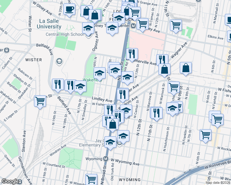 map of restaurants, bars, coffee shops, grocery stores, and more near 5133 North Carlisle Street in Philadelphia