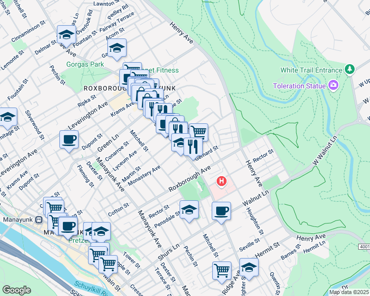 map of restaurants, bars, coffee shops, grocery stores, and more near 5959 Ridge Avenue in Philadelphia