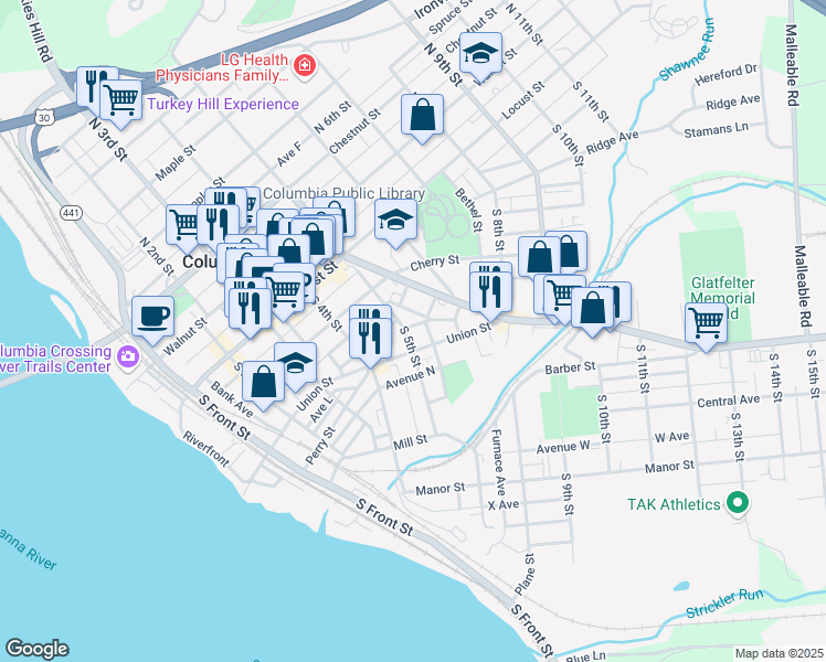 map of restaurants, bars, coffee shops, grocery stores, and more near 175 South 5th Street in Columbia