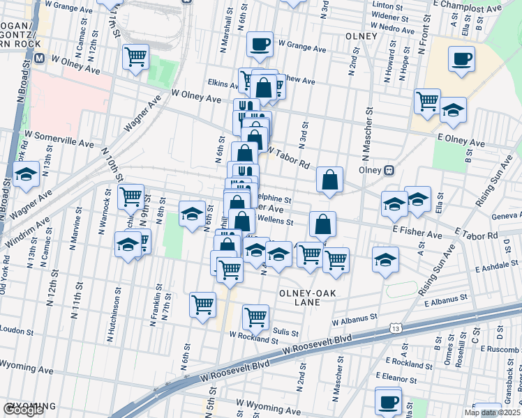 map of restaurants, bars, coffee shops, grocery stores, and more near 424 West Fisher Avenue in Philadelphia