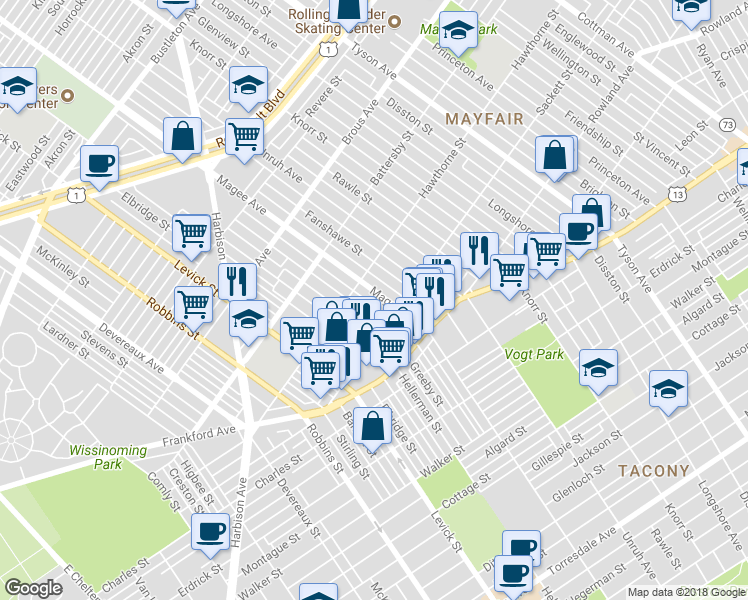 map of restaurants, bars, coffee shops, grocery stores, and more near 3128 Magee Avenue in Philadelphia