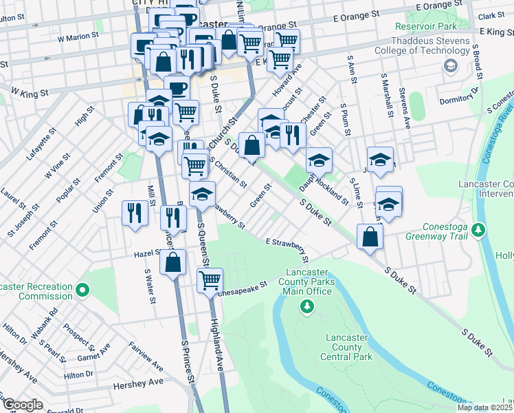 map of restaurants, bars, coffee shops, grocery stores, and more near 513 Green Street in Lancaster