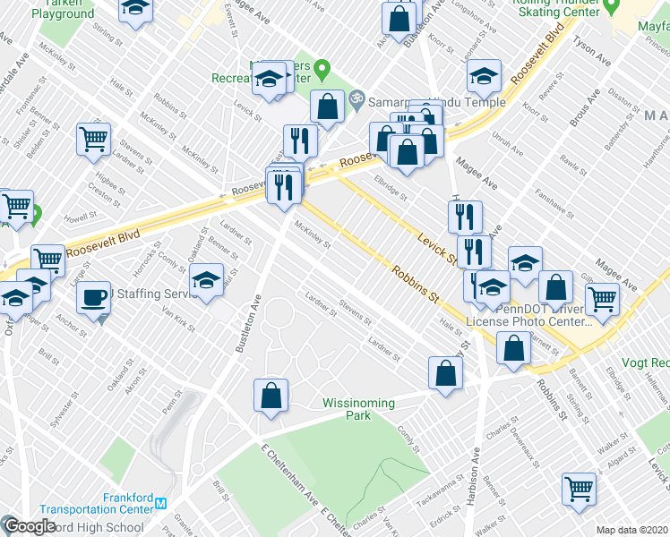 map of restaurants, bars, coffee shops, grocery stores, and more near 2125 Devereaux Avenue in Philadelphia