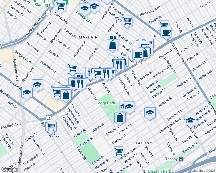 map of restaurants, bars, coffee shops, grocery stores, and more near 4101 Knorr Street in Philadelphia