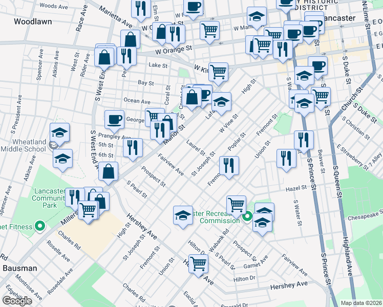 map of restaurants, bars, coffee shops, grocery stores, and more near 712 Lafayette Street in Lancaster