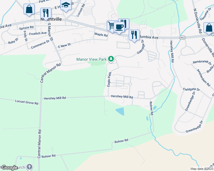 map of restaurants, bars, coffee shops, grocery stores, and more near 108 Eagle Path in Mountville