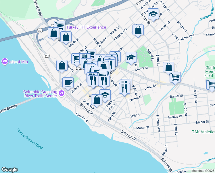 map of restaurants, bars, coffee shops, grocery stores, and more near 325 Cherry Street in Columbia
