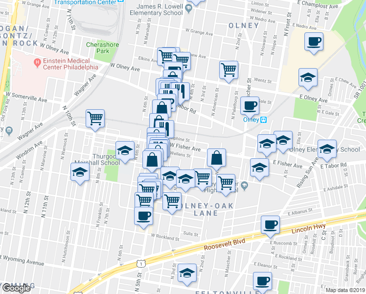 map of restaurants, bars, coffee shops, grocery stores, and more near 395 West Fisher Avenue in Philadelphia