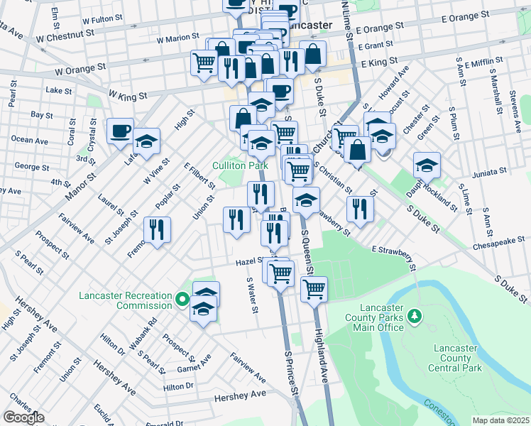 map of restaurants, bars, coffee shops, grocery stores, and more near 346 South Prince Street in Lancaster