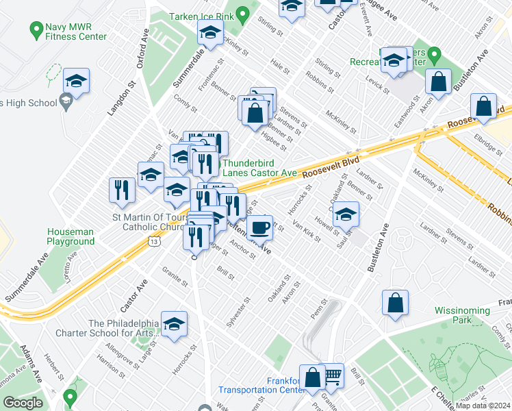 map of restaurants, bars, coffee shops, grocery stores, and more near 1401 Alcott Street in Philadelphia