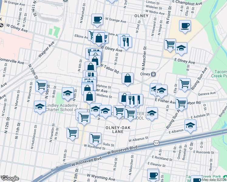 map of restaurants, bars, coffee shops, grocery stores, and more near 265 West Fisher Avenue in Philadelphia
