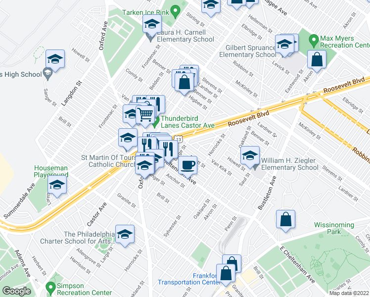 map of restaurants, bars, coffee shops, grocery stores, and more near 1401 Alcott Street in Philadelphia