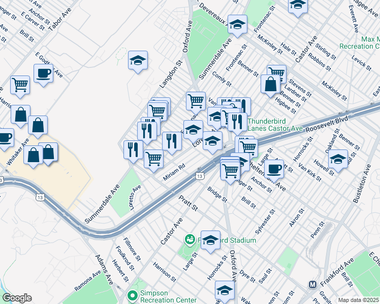 map of restaurants, bars, coffee shops, grocery stores, and more near 5651 Loretto Avenue in Philadelphia