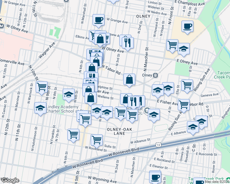 map of restaurants, bars, coffee shops, grocery stores, and more near 240 Delphine Street in Philadelphia