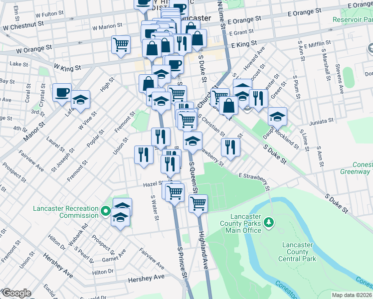 map of restaurants, bars, coffee shops, grocery stores, and more near 348 South Queen Street in Lancaster