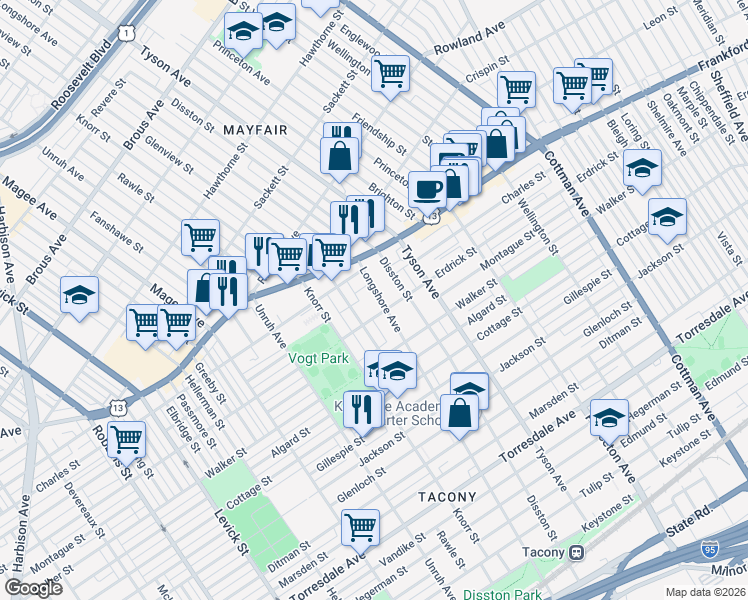 map of restaurants, bars, coffee shops, grocery stores, and more near 4124 Longshore Avenue in Philadelphia