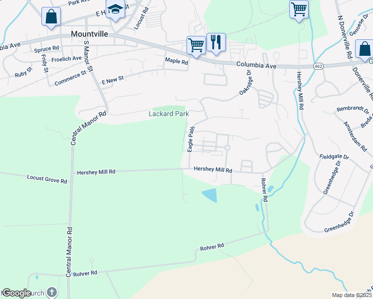 map of restaurants, bars, coffee shops, grocery stores, and more near 108 Eagle Path in Mountville