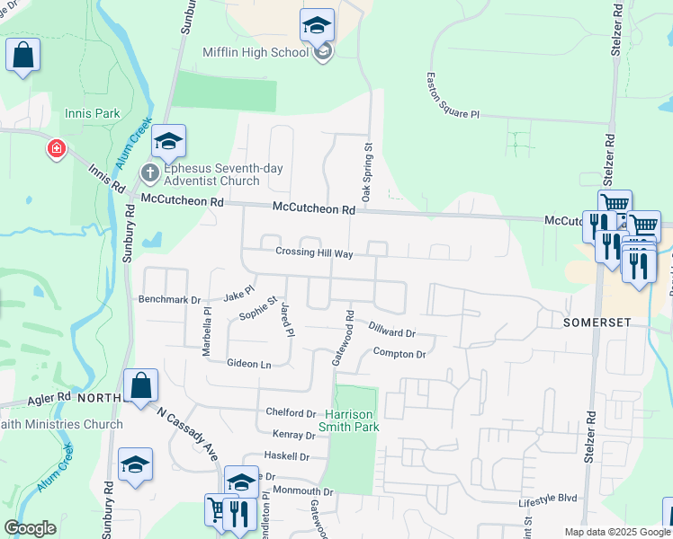 map of restaurants, bars, coffee shops, grocery stores, and more near 3331 Crossing Hill Way in Columbus