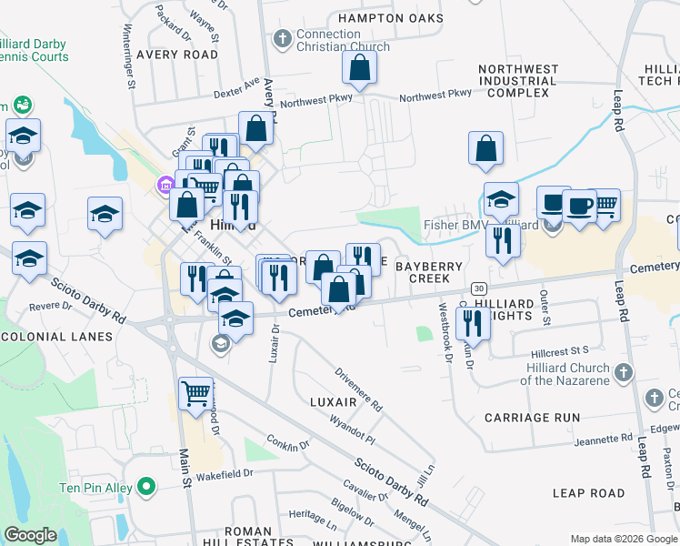 map of restaurants, bars, coffee shops, grocery stores, and more near 3915 Linda Road in Hilliard