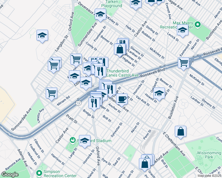 map of restaurants, bars, coffee shops, grocery stores, and more near 5851 Roosevelt Boulevard in Philadelphia