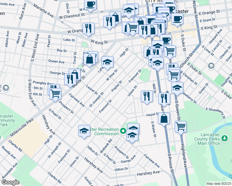 map of restaurants, bars, coffee shops, grocery stores, and more near 631 Fremont Street in Lancaster