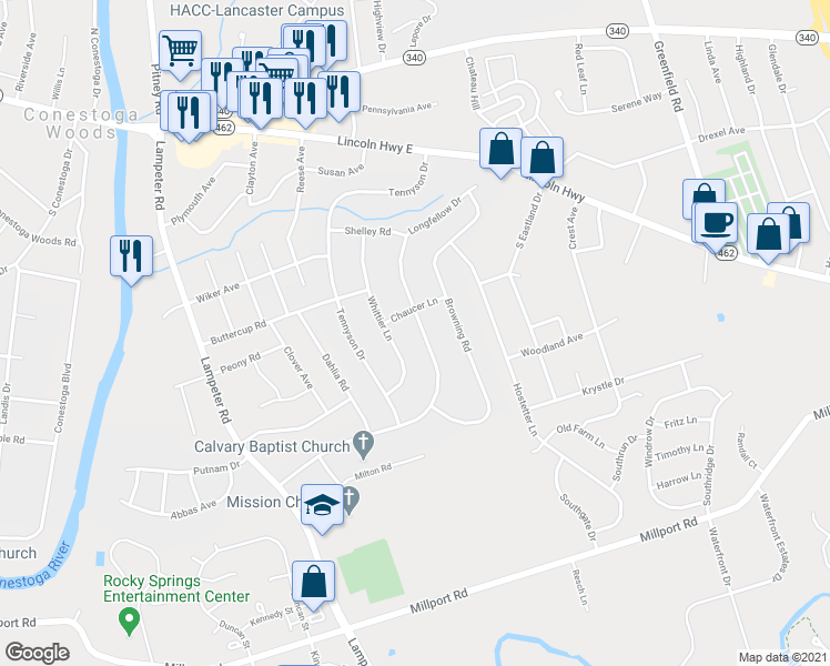 map of restaurants, bars, coffee shops, grocery stores, and more near 242 Longfellow Drive in Lancaster