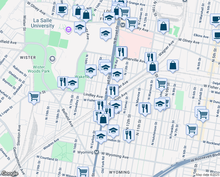 map of restaurants, bars, coffee shops, grocery stores, and more near 5119 North Broad Street in Philadelphia