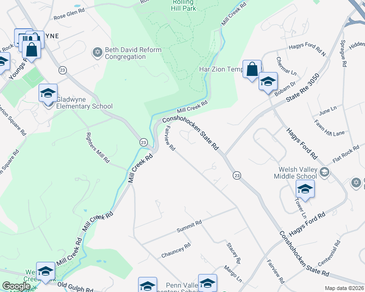 map of restaurants, bars, coffee shops, grocery stores, and more near 39 Fairview Road in Penn Valley