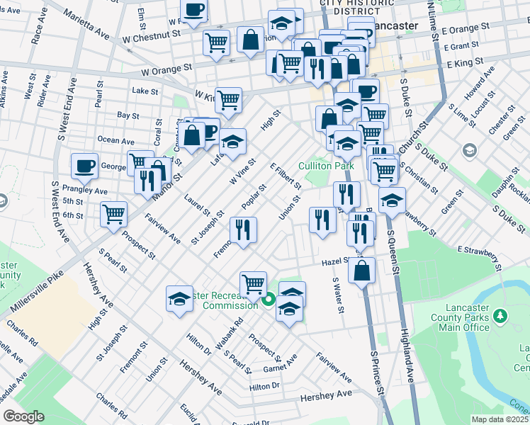 map of restaurants, bars, coffee shops, grocery stores, and more near 620 Fremont Street in Lancaster