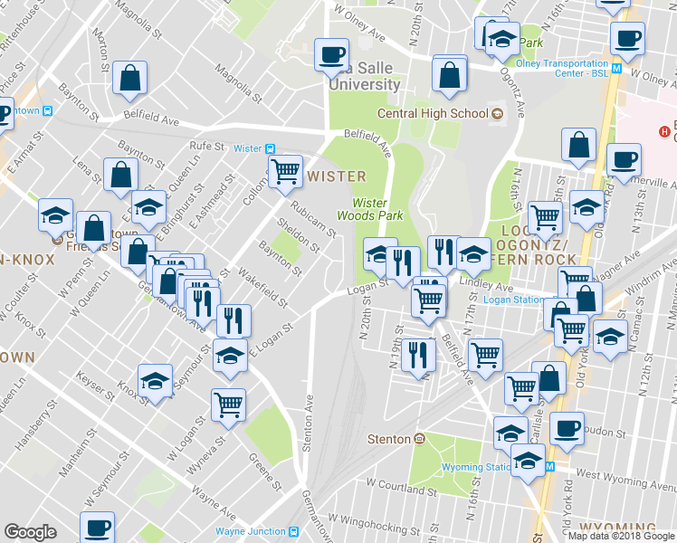 map of restaurants, bars, coffee shops, grocery stores, and more near 5030 Stenton Avenue in Philadelphia