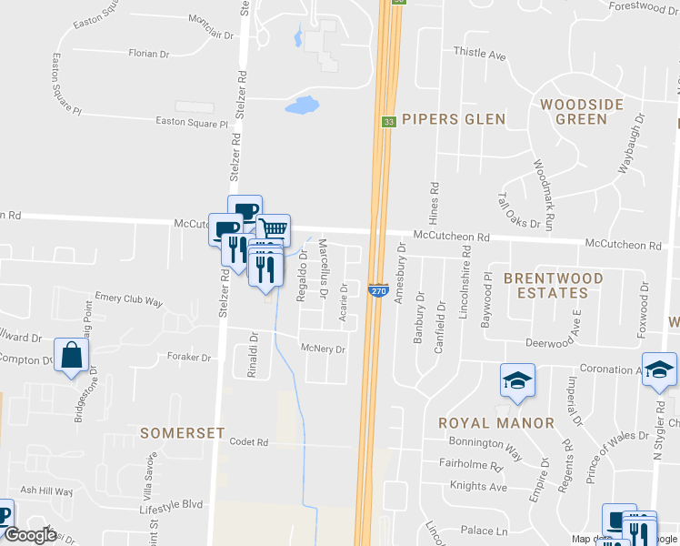 map of restaurants, bars, coffee shops, grocery stores, and more near 2837 Acarie Drive in Columbus