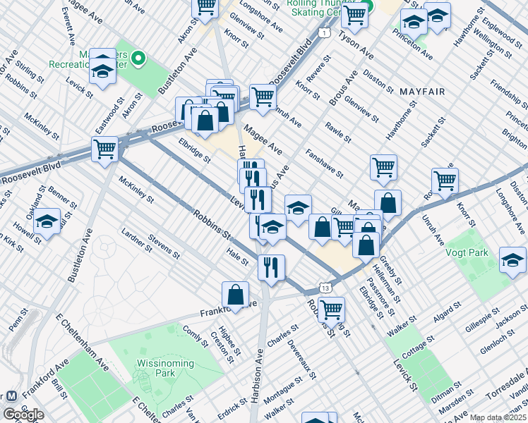 map of restaurants, bars, coffee shops, grocery stores, and more near 2908 Elbridge Street in Philadelphia